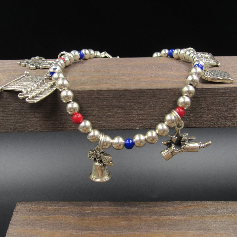 9" Sterling Silver USA Flag Charm Ankle Bracelet